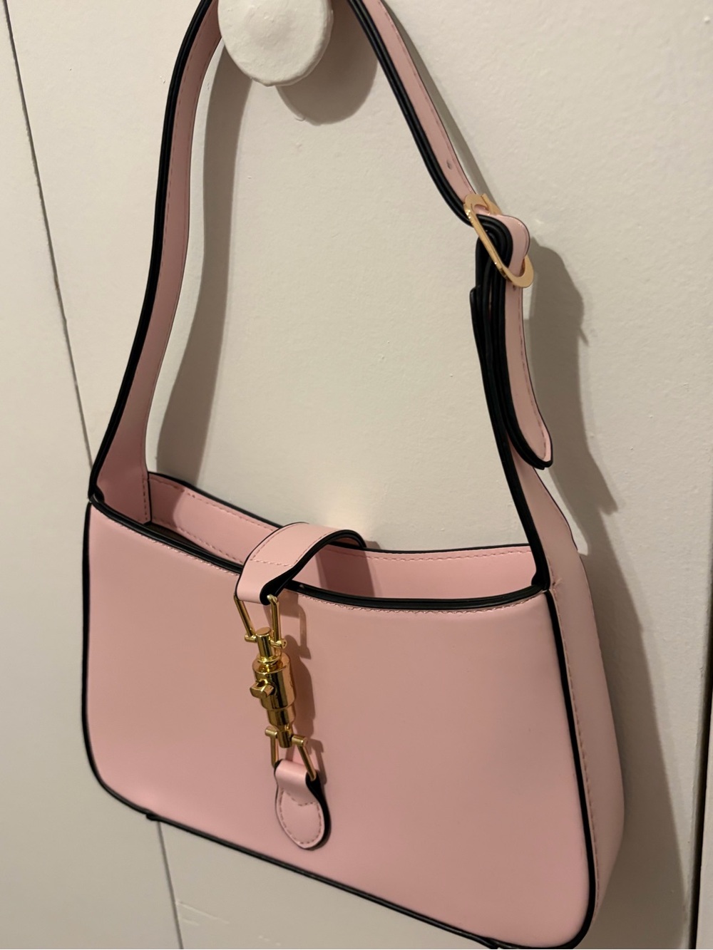Women's Baby Pink Shoulder Bag - Sleek Everyday Handbag with Gold Hardware